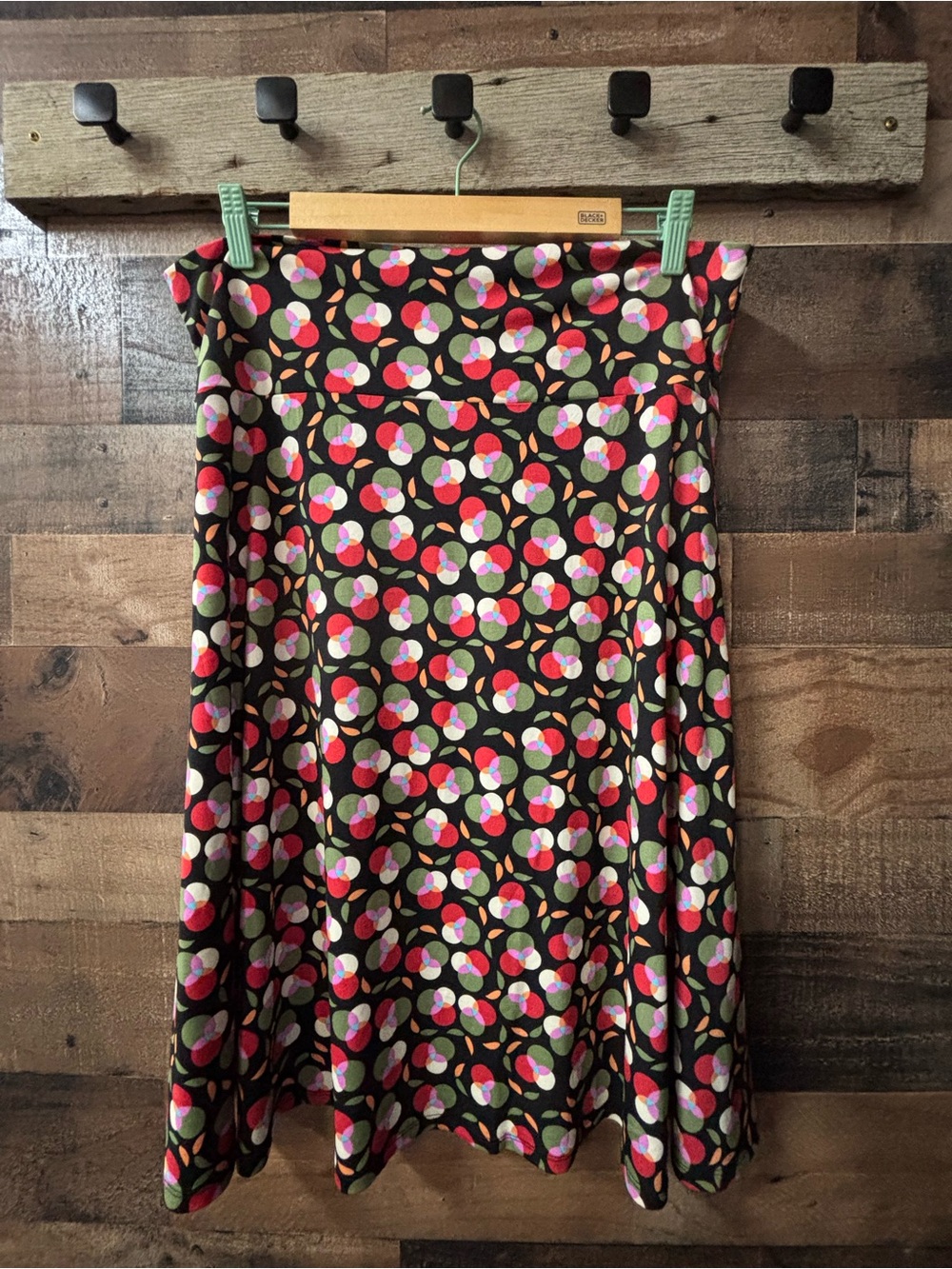 LuLaRoe Black Circle-Print Skater Skirt with Pink & Green
